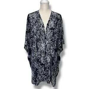 NWT Brittany Black Navy & White Dahlia Floral Mesh Kimono Loose Cover Up Sz Lg